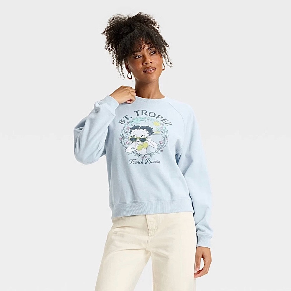 Betty Boop St. Tropez French Riviera Blue Sweatshirt Crewneck Size Large NWT